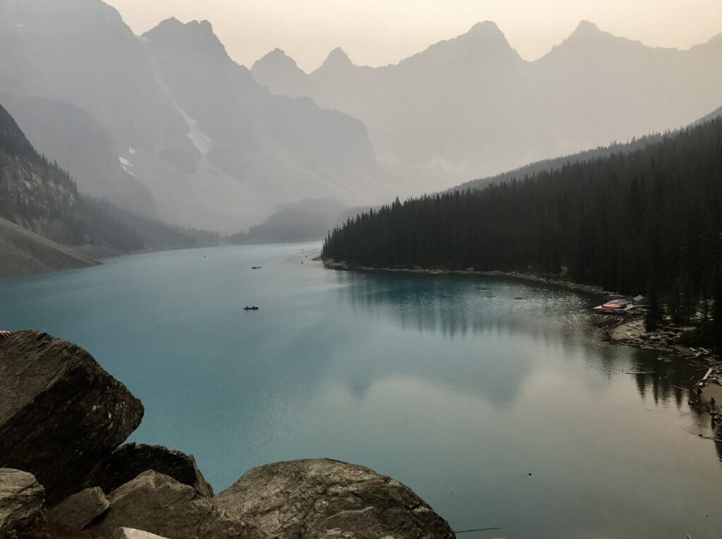 Moraine Lake with forest fire smoke